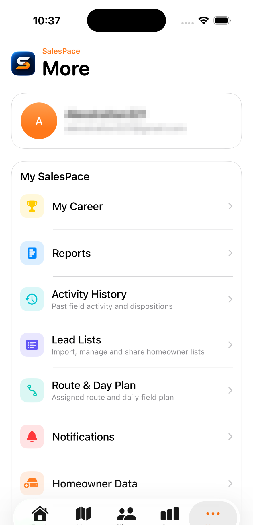 SalesPace iPhone app — More screen