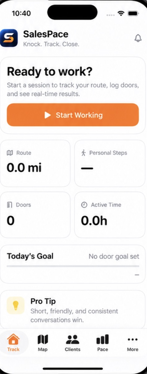 SalesPace on iPhone: the Track screen with route, steps, doors and active time