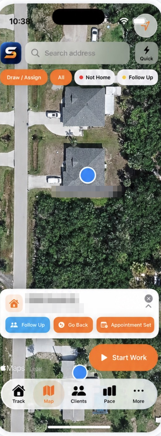 SalesPace on iPhone: the territory map with quick door dispositions